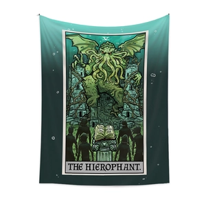 Bohemian Cthulhu Hierophant Tarot tapestry wall hanging in dark cyan for room decor