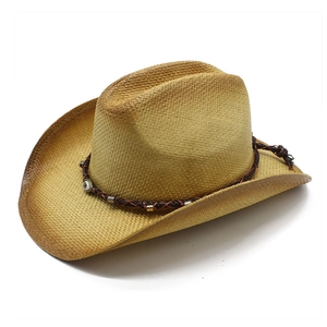 Straw cowboy hat with woven band and evil eye bead decoration in light khaki