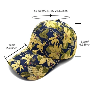 Dunkelblaue Baseballkappe mit gelbem Blumenmuster und Größenangabe 55-60cm