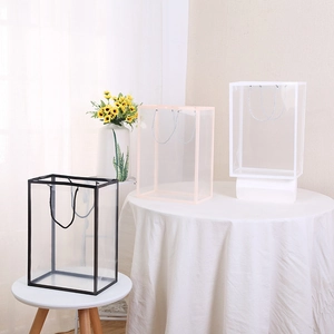 Transparent Window Flower Gift Bag Clear PP Plastic Handbag With Colored Frame And Rope Handles For Florist Souvenirs