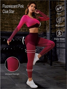 Detail of high-stretch seamless gym set in fluorescent pink with geometric stripe textures