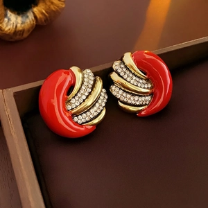 Vintage style red enamel fan shaped earrings with crystals and gold metal base