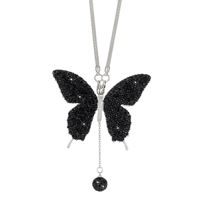 Detailed view of silver butterfly car pendant with black crystals and 925 silver hallmark