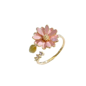 Enamel daisy open ring with pink flower, green drop bead and zircon in gold finish