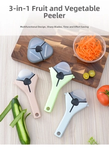 Three-in-one fruit and vegetable peeler set with triangular storage base on wood table