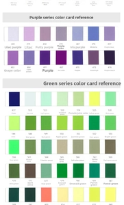 Detailed color chart for gift ribbons showing lilac and mint green fabric shades with codes