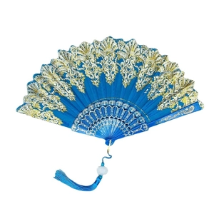 Blue Chinese folding fan with gold floral patterns and blue decorative tassels