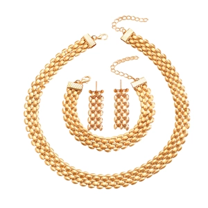 Elegant gold watch-band style chain jewelry set with necklace, bracelet, and drop earrings