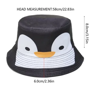 Detailed size chart for penguin bucket hat showing circumference, height and brim width