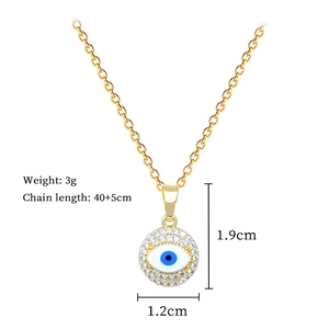 Detailed dimensions of gold evil eye necklace with crystals, 40+5cm chain, weighing 3g