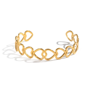 Polished 18K gold-plated stainless steel hollow heart open bangle bracelet with mirror finish