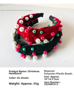 Detail of red and green velvet Christmas headbands with faux pearls and rhinestone decor
