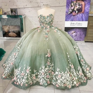 Sage Green Strapless Ball Gown Quinceañera Dress 3D Floral Applique Glitter Tulle Sleeveless Prom Evening Party Long Dress