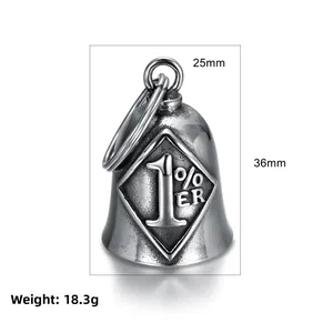Macro detail of vintage 1% ER biker bell pendant in stainless steel with 36mm height