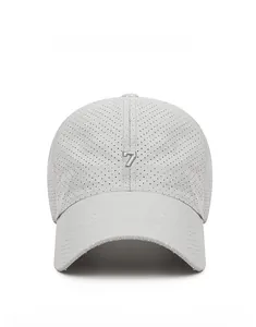 Close-up of a grey mesh baseball cap featuring a silver 3D embroidered number seven detail