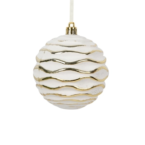 White matte Christmas ball ornament with golden wave pattern for festive tree decoration