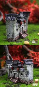 Miniature ancient Chinese gate decor with stone base and tiny red lanterns for garden