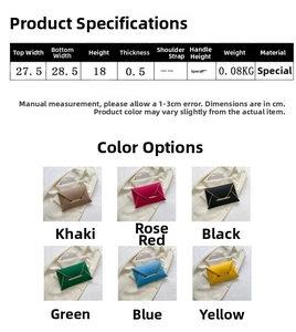 Tableau des tailles et couleurs pour cette pochette enveloppe en six finitions brillantes