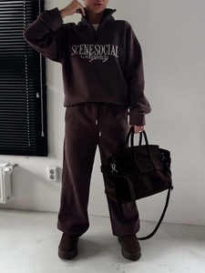 Minimalist chocolate brown tracksuit set with half-zip sweatshirt and drawstring joggers