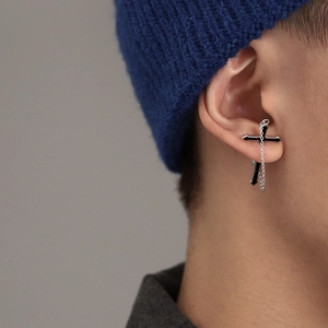 Men's hip hop silver and black cross stud earring with dangling chain link accessory