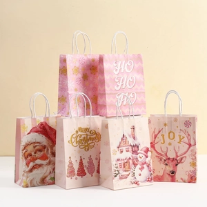 Pink Christmas Paper Gift Bags With Handles For Holiday Party Favors Reindeer Santa Snowman Designs