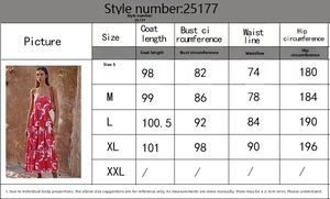 Size chart for floral halter maxi dress showing measurements for S to XL sizes