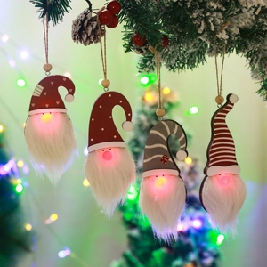 LED Glowing Christmas Gnome Pendants Wooden Forest Old Man Hanging Decor With Faux Fur Beard For Holiday Tree Window