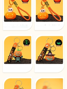Close-up of luminous Halloween keychains featuring pumpkin and ghost designs
