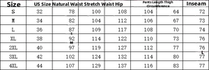 Detailed size chart for multi-pocket cargo pants showing waist and hip measurements