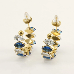 Golden stainless steel hoop earrings with alternating white and blue marquise crystals