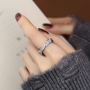 S925 sterling silver open ring with pink heart gemstone and rectangular zircon accents