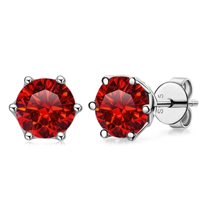 Close-up of S925 sterling silver stamp on red moissanite six-prong stud earring