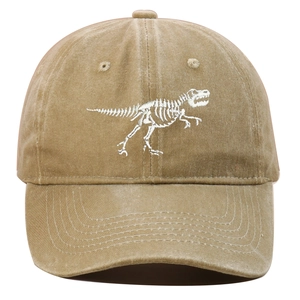 Khaki washed cotton baseball cap featuring white dinosaur skeleton embroidery on front