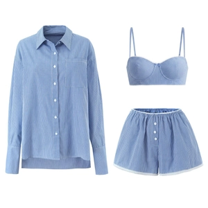 Damen 3-teiliges blau gestreiftes Set mit Hemd, Camisole-Top und Shorts mit Spitzenbesatz