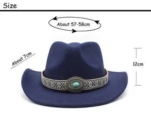 Detailed size chart for the navy blue western cowboy hat with brim and crown dimensions