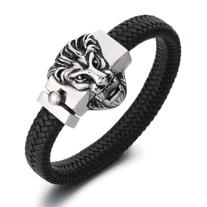 Men's black braided leather bracelet with silver stainless steel lion head clasp buckle