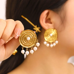 Vintage French Round Stainless Steel Artificial Pearl Earrings 18K Gold Plated Waterproof Hypoallergenic Fashion Jewelry For Women