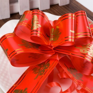 Red wedding bow ribbon with golden double happiness symbol for bridal car decoration