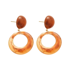 Resin wood geometric drop earrings with amber tortoise texture and silver studs