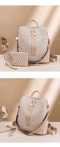 Detail view of stylish beige backpack and clutch set with geometric triangle patterns