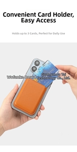 Orange MagSafe magnetic leather wallet holding three cards on the back of a phone
