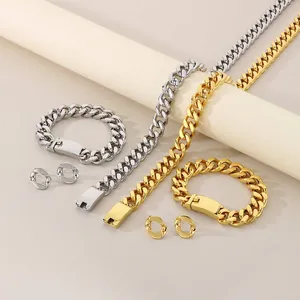 Cuban Link Jewelry Set Stainless Steel 18K Gold Plated Chunky Necklace Bracelet Earrings Hip Hop Fashion For Women