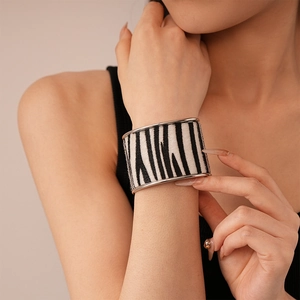 Fashionable zebra print wide open cuff bracelet with metallic trim for women