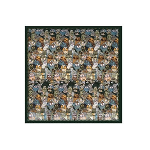 90cm square satin silk scarf with dark green base and dense cartoon cat pattern print