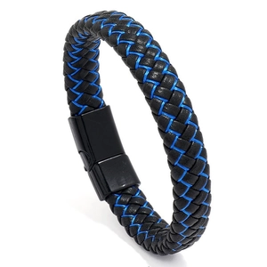 Bracciale da uomo in pelle nera intrecciata con cuciture blu e chiusura magnetica