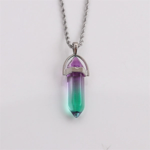 Purple and green hexagonal crystal bullet pendant necklace with silver braided chain