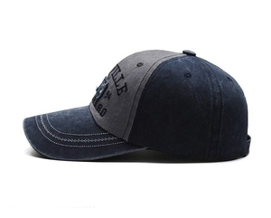Detail view of vintage navy and grey baseball cap with high-density 3D embroidery