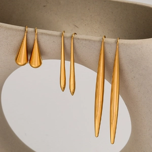Minimalist 18K gold plated stainless steel long drop earrings in three elegant styles