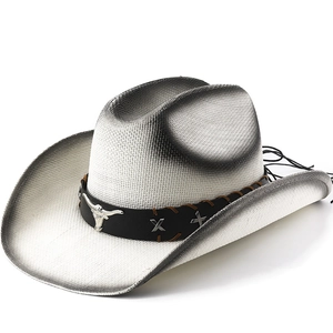 Western Cowboy Hat Paper Straw Wide Brim Sun Protection Bull Head Metal Logo Gradient Vintage Outdoor Travel Unisex