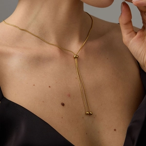 Minimalist Stainless Steel Lariat Necklace Adjustable Snake Chain Y-Shape Long Sweater Chain Ball Pendant For Women Elegant